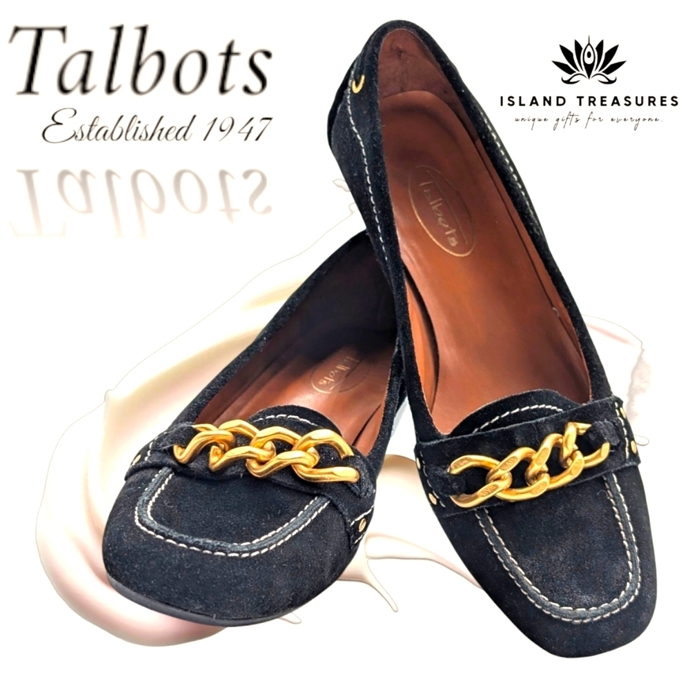 Talbot's Suede Leather Piper2 Women’s Gold Chain Bit Loafers Black Size 5.5 M